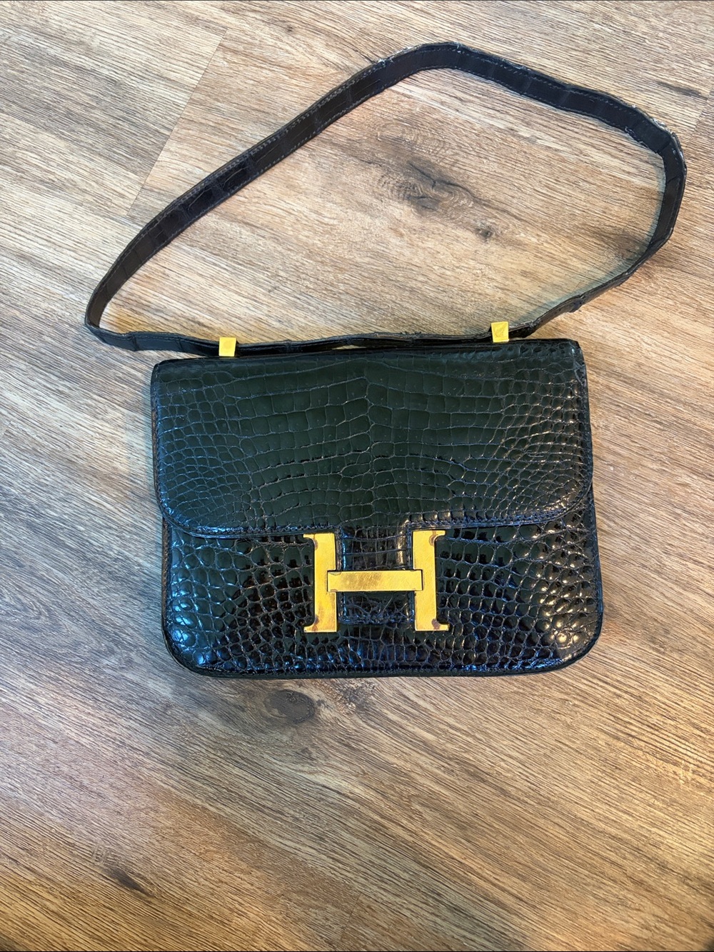 Black Croc-Embossed Leather Shoulder Bag with Gold 'H' Accent